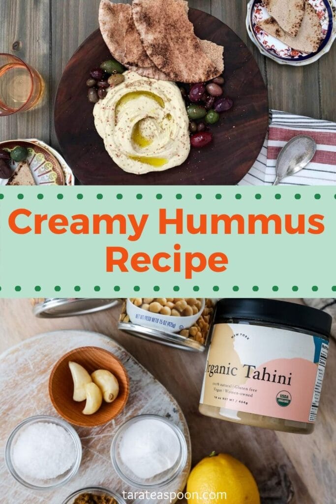 Pinterest graphic for The Best Creamy Hummus recipe on Tara Teaspoon
