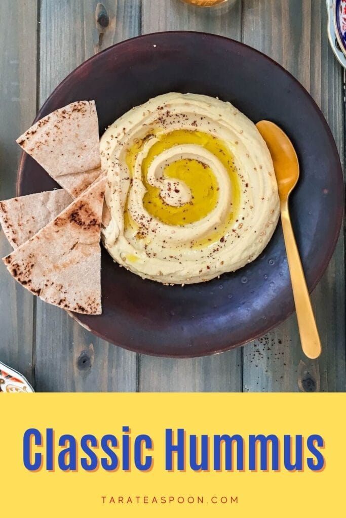 Pinterest graphic for The Best Creamy Hummus recipe on Tara Teaspoon