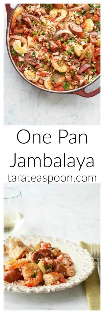 Pinterest image for One Pan Jambalaya with text