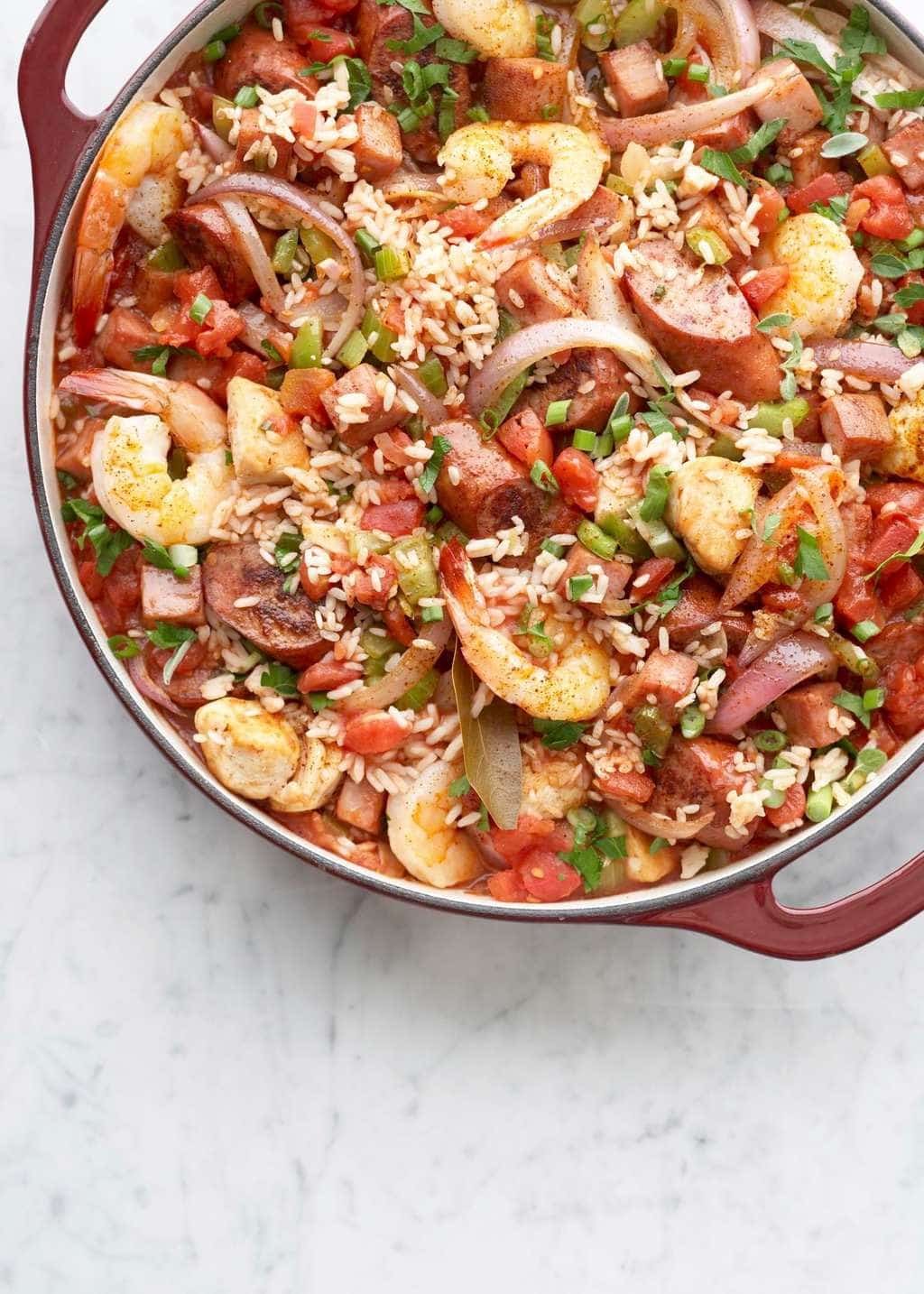 Classic Creole one pan jambalaya with shrimp and sausage in le Creuset