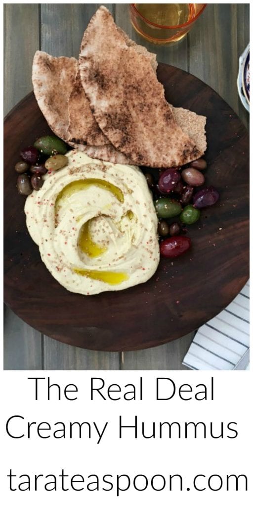 Pinterest image for The Real Deal Creamy Hummus with text