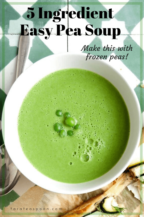 5 ingredient pea soup in a bowl, made with frozen peas