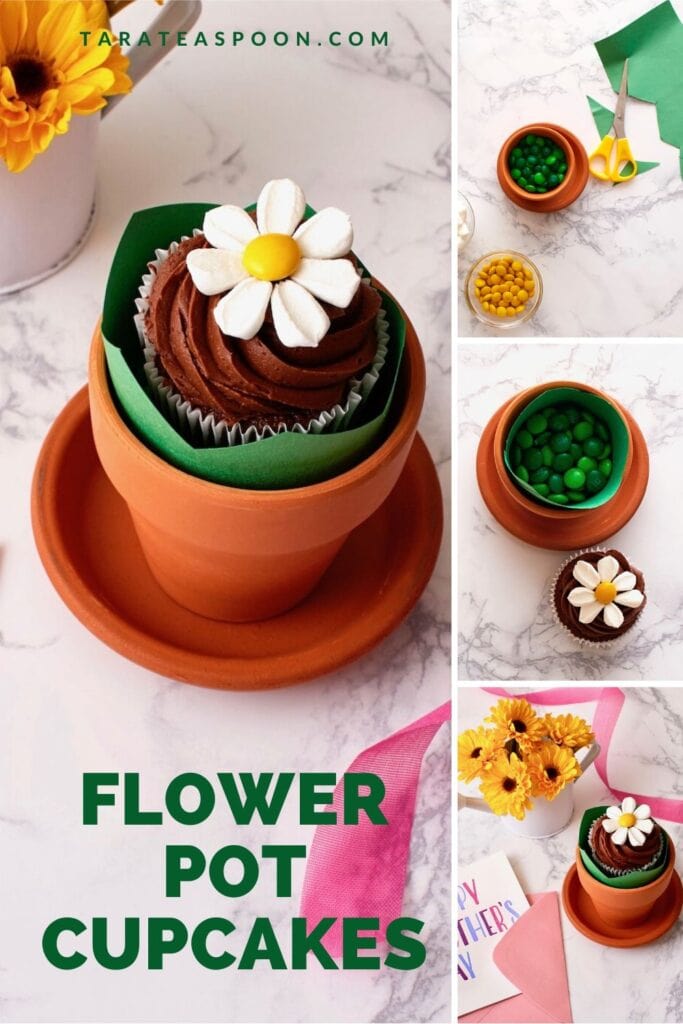 pinterest pin for flower pot cupcakes with marshmallows