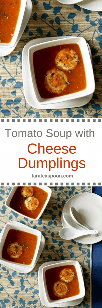 Pinterest image for Tomato Soup with Cheese Dumplings with text