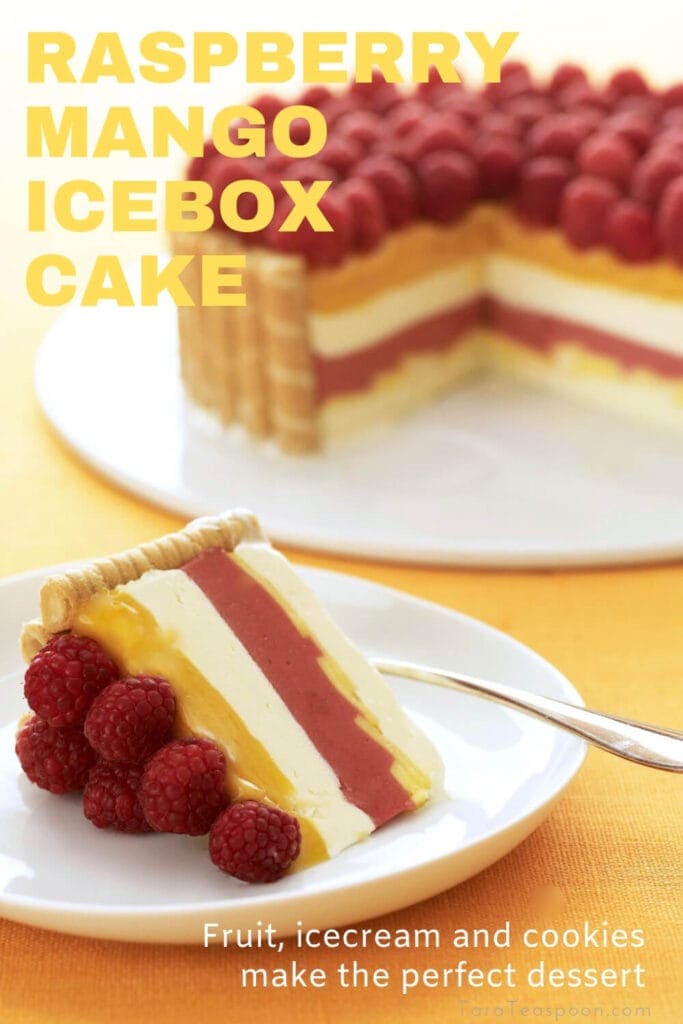 fruit and cream icebox cake with mango pin