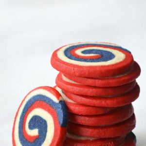 Colorful swirling cookies exhibit red, white and blue swirls