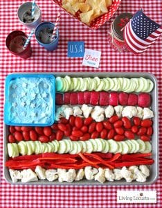 Colorful veggies arranged in an American flag pattern with blur dip bring a patriotic look to 4th of July food and Tara Teaspoon.