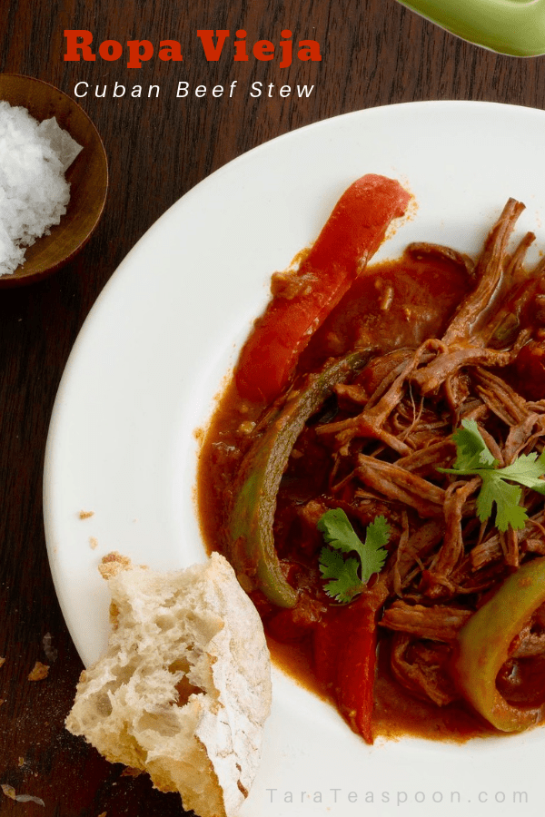 Ropa Vieja Cuban Beef Stew in a white bowl pin image