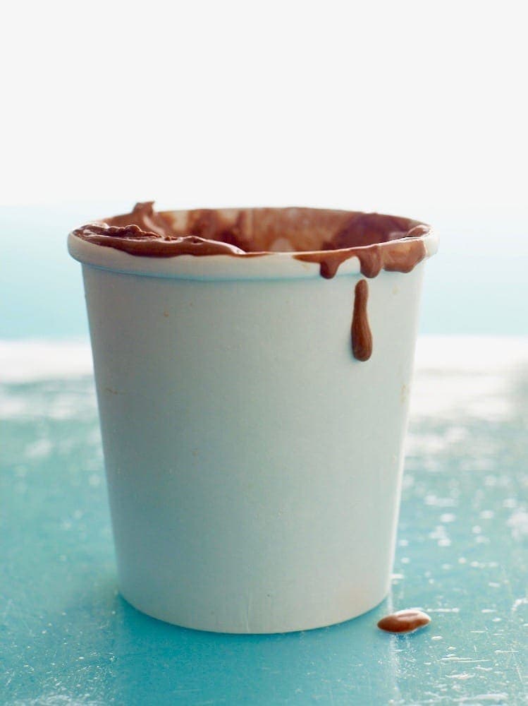 homemade chocolate ice cream in a white paper cup 