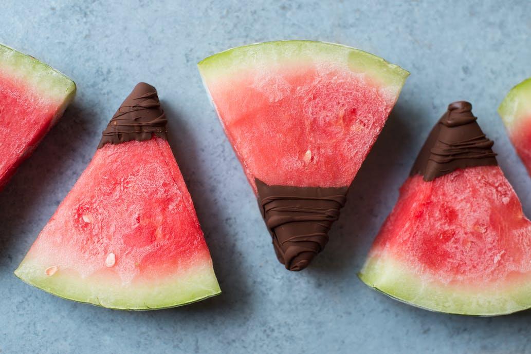 Chocolate dipped watermelon wedges. 