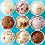 overhead shot of 9 flavors of homemade ice cream in cups