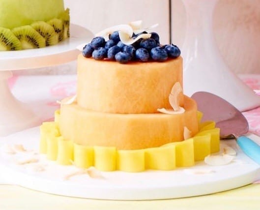 A fresh melon cake made from two layers of cantaloupe. 