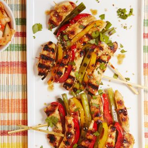 grilled Korean BBQ Chicken Skewers on serving plate