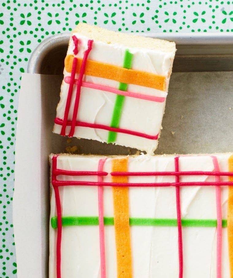 One Pan Sugar Cookie Bars. Square cut in baking sheet, close cropped. 