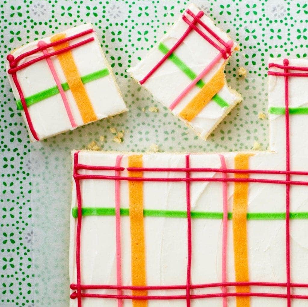 An overhead view of frosted sugar cookie bars
