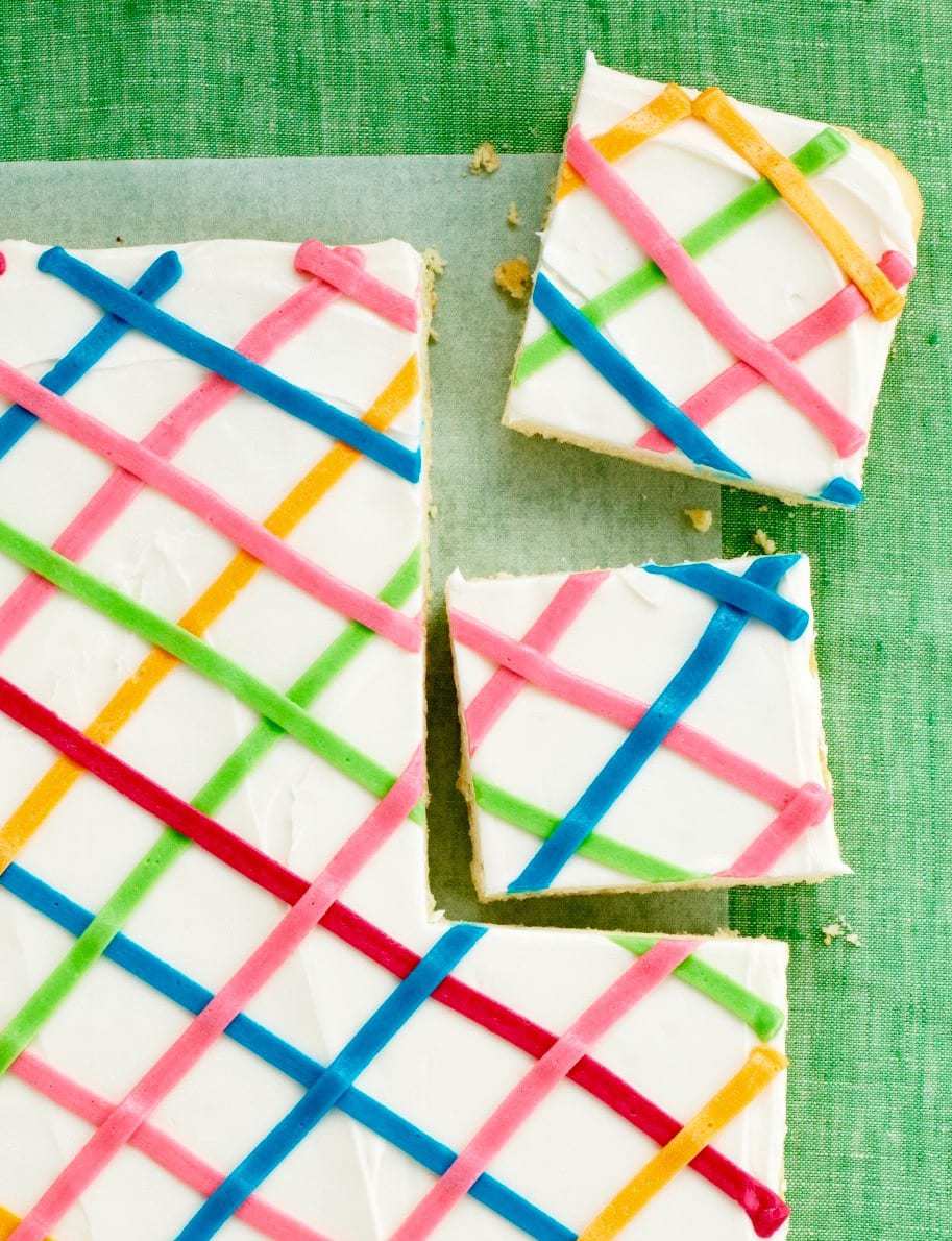 One Pan Sugar Cookie Bars on green background.  