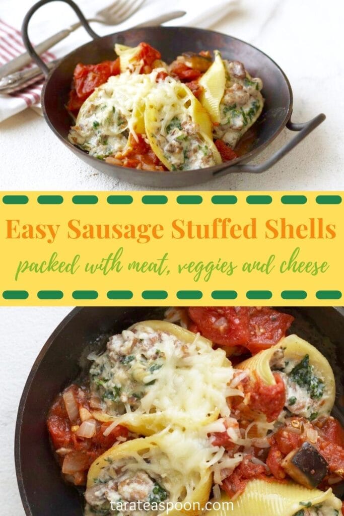 Pinterest graphic for Easy Sausage Stuffed Shells recipe on Tara Teaspoon