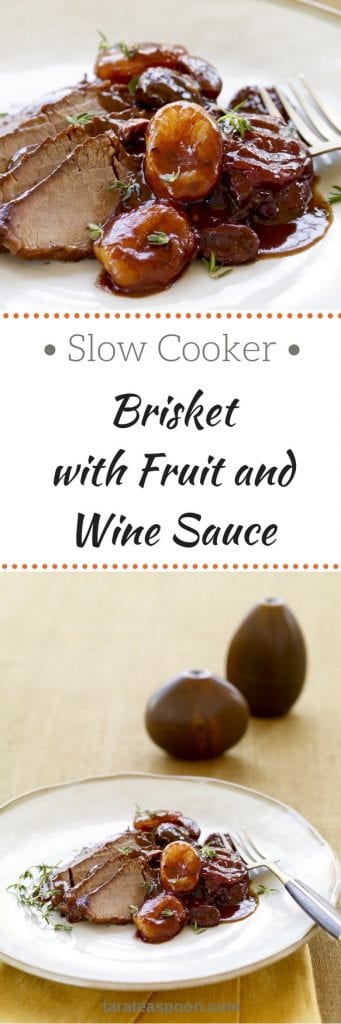 Slow Cooker Brisket With Fruit and Wine Sauce long pin image