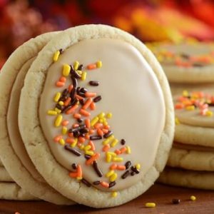 Soft Maple Sugar Cookies with orange, yellow and brown candy sprinkles