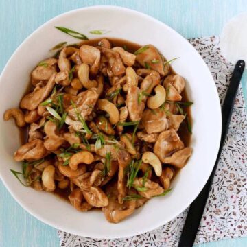 Cashew Chicken feature in a white bowl