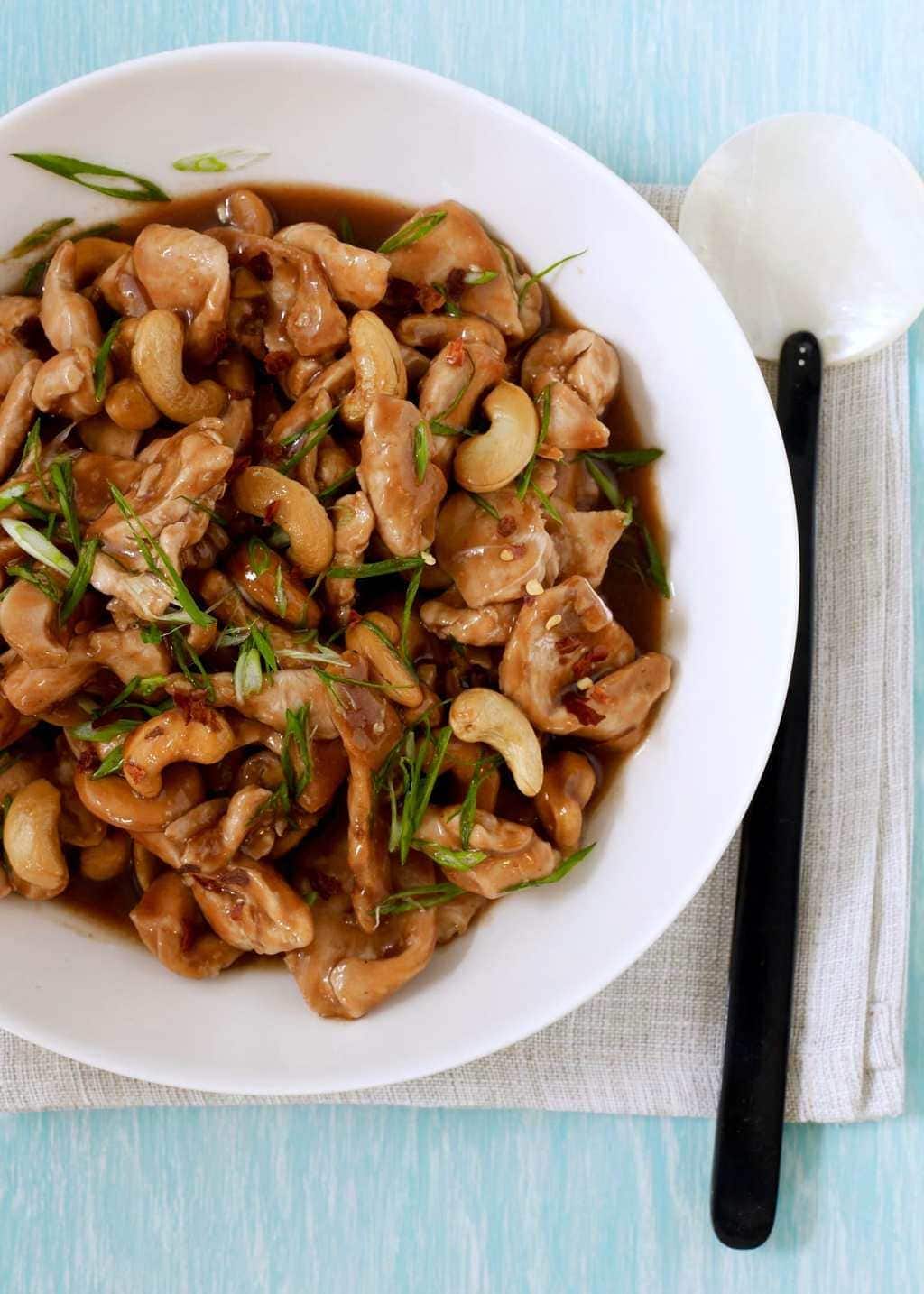 Cashew Chicken at home on a blue table