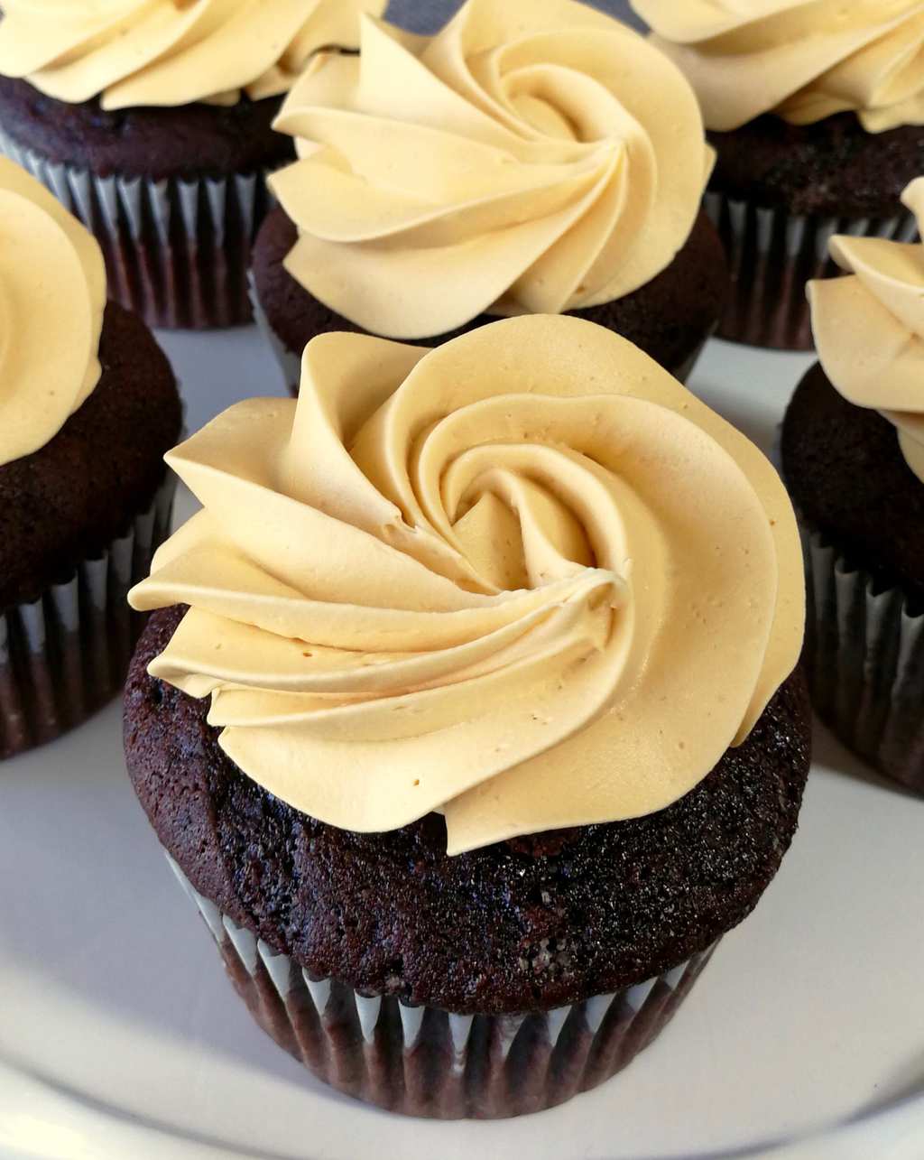 chocolate caramel cupcakes with caramel icing close up