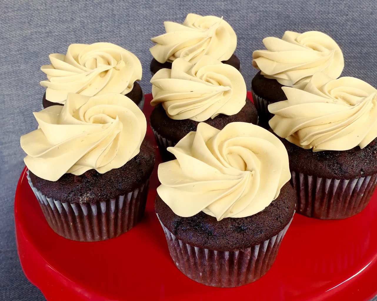 chocolate caramel cupcakes with caramel icing close up