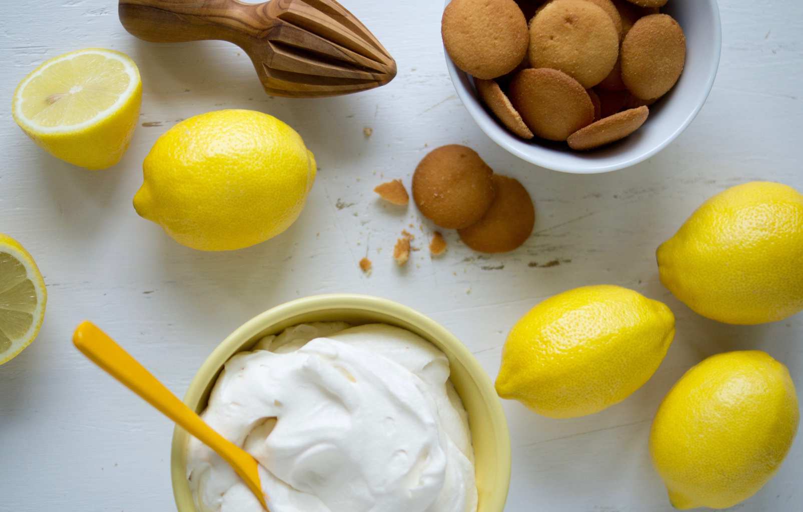 An overhead view of the ingredients needed to make a no bake lemon pie. 