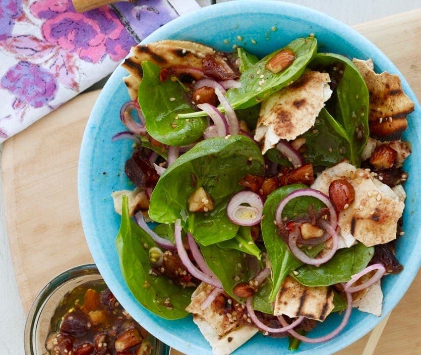 Lemon chicken kabobs with grilled pita salad and almonds