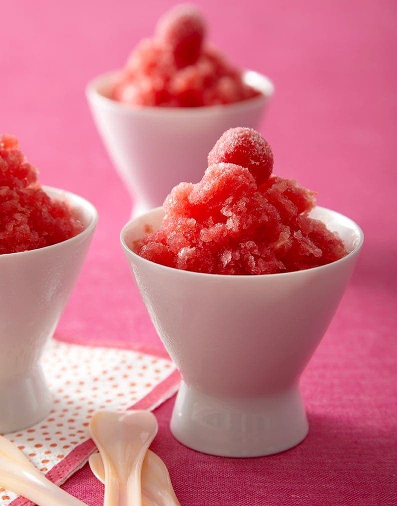 Tart cherry lime granita in white bowls, close crop