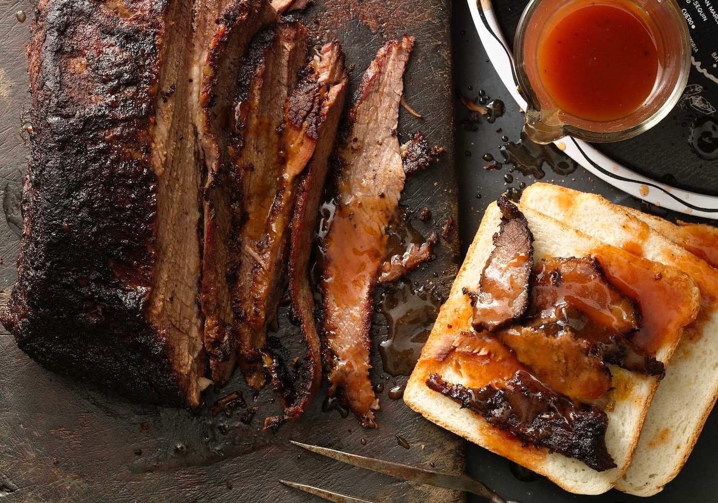 Homemade beef brisket on board close crop