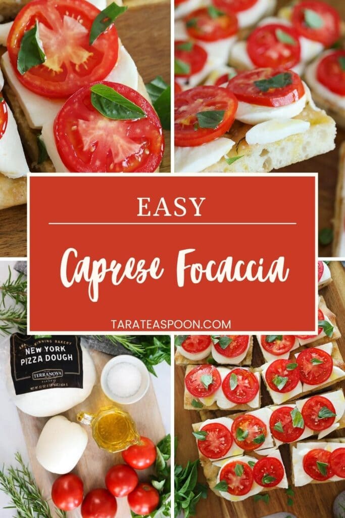 Pinterest graphic for Caprese Focaccia recipe on Tara Teaspoon.