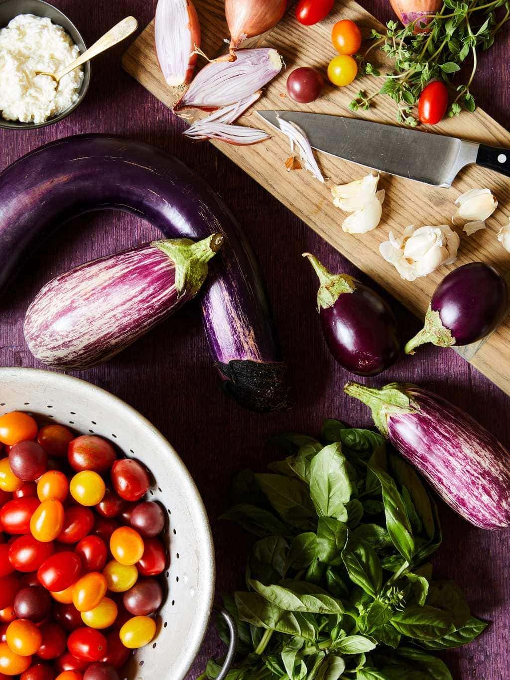 Tomato and Eggplant pasta ingredients