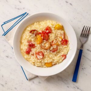 over head shot of cherry tomato risotto