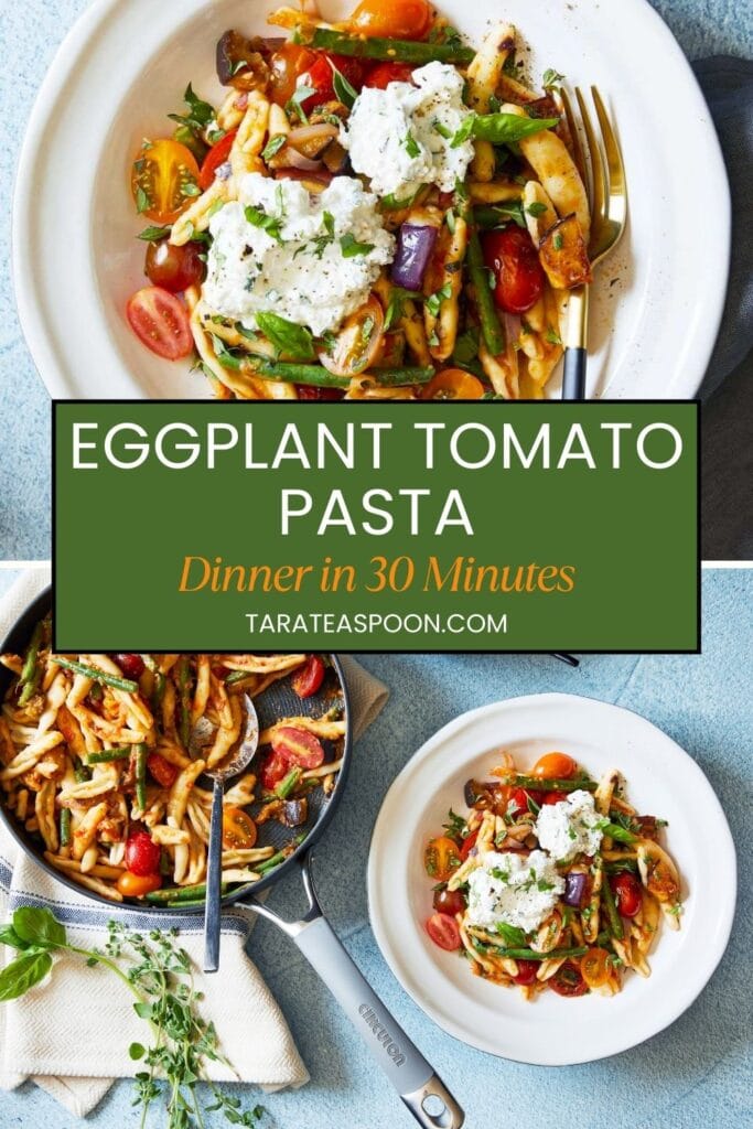 Pinterest graphic for Eggplant Tomato Pasta recipe on Tara Teaspoon.