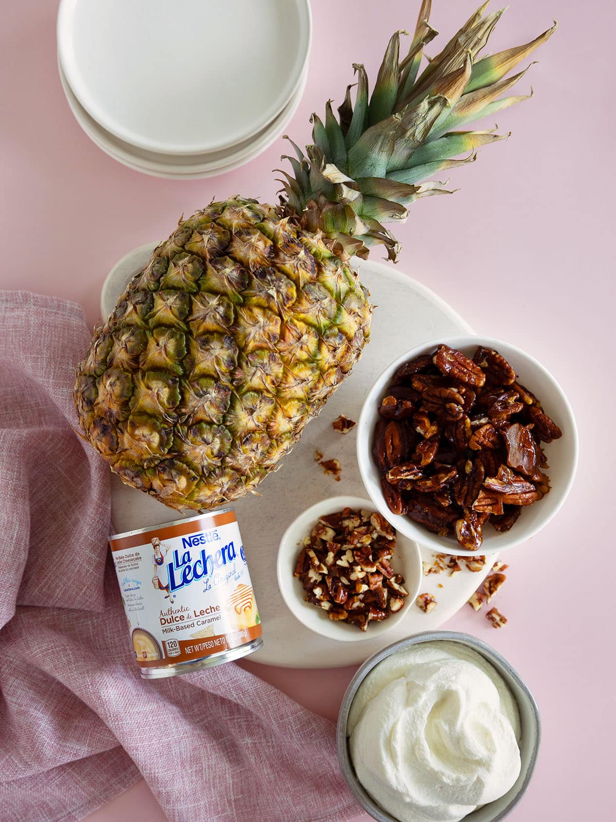 Top view of ingredients needed to make grilled pineapple with caramel.