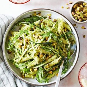 pistachio pesto pasta over head photo