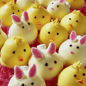 yellow chick and bunny cookies in pink easter grass