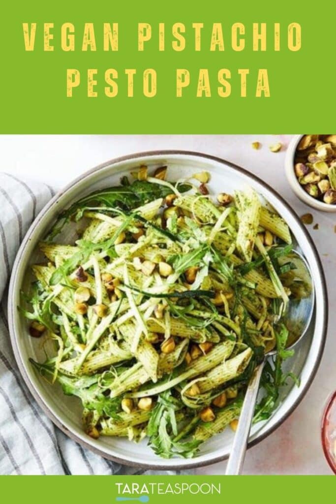 Pinterest graphic for Pistachio Pesto Pasta recipe on Tara Teaspoon