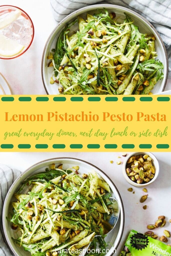 Pinterest graphic for Pistachio Pesto Pasta recipe on Tara Teaspoon
