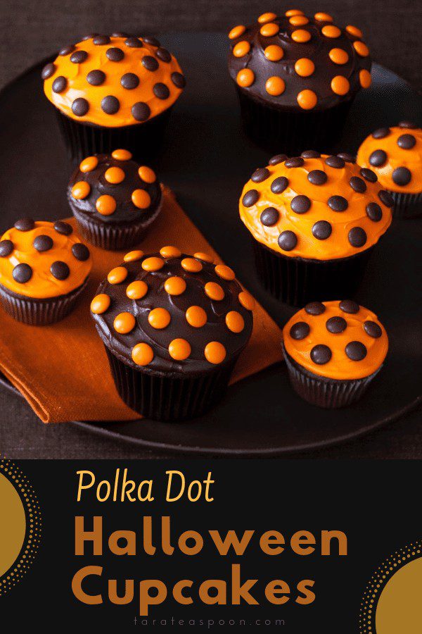brown and orange Polka Dot Halloween Cupcakes on orange napkin
