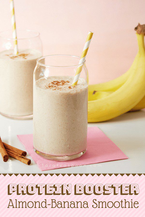 protein booster almond and banana smoothie pin image