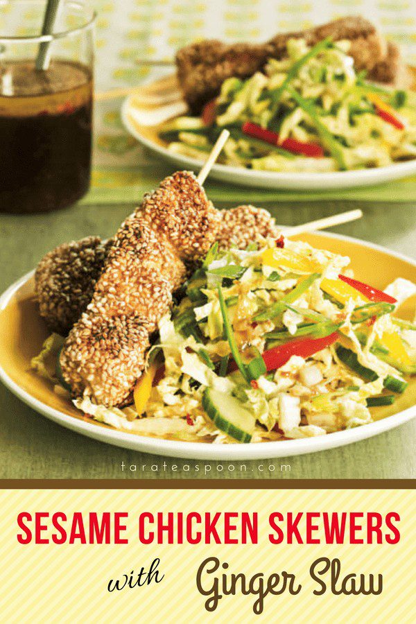 Sesame Chicken Skewers with Ginger Slaw pin image