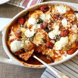 Baked Ravioli with Spinach and Charred Tomatoes