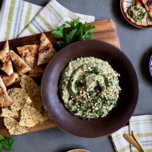 grilled zucchini baba ganoush with pita slices and crackers