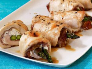 Chicken and Asparagus roll ups cut into