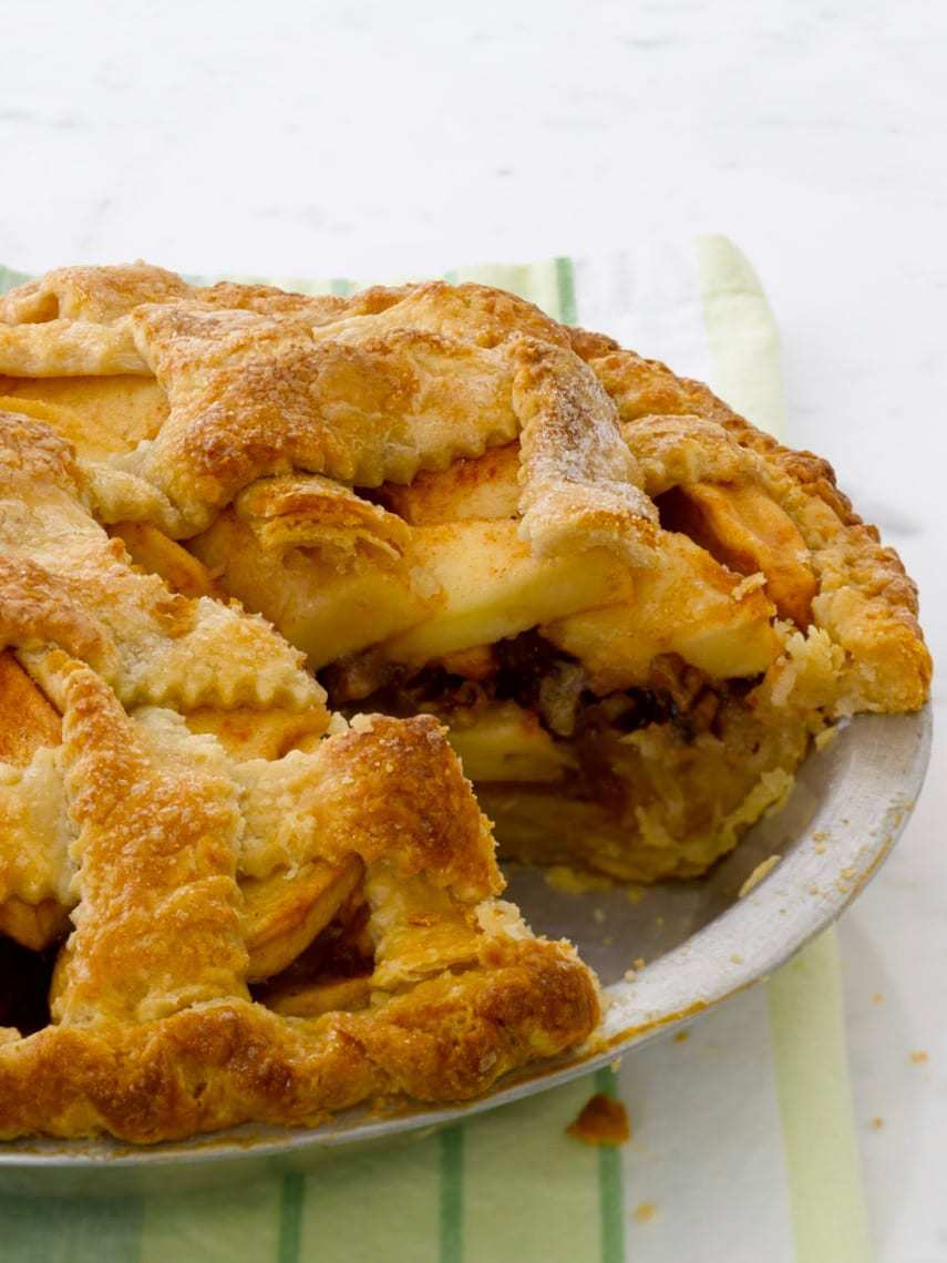 pecan streusel apple pie with slice out