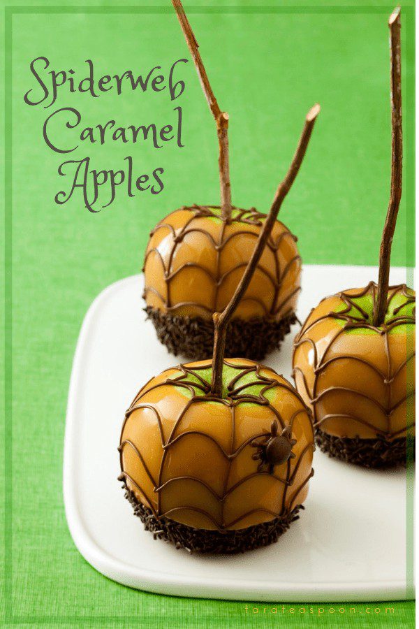 Halloween spiderweb caramel apples are easy to make for a party pin