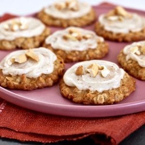 Cashew Cookies with Brown Butter Frosting on a pink plate