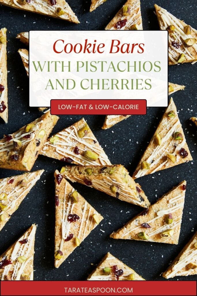 Pinterest graphic for Cookie Bars with Pistachios and Cherries recipe on Tara Teaspoon.
